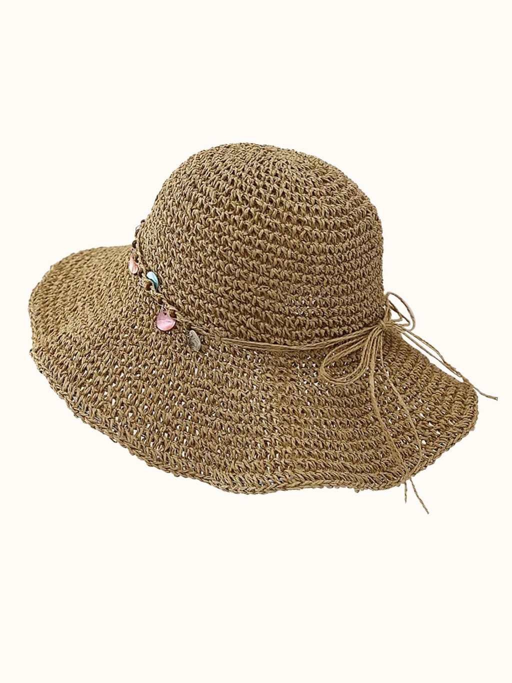 Foldable Wide Brim Straw Hat with Shell Decor Khaki One Size