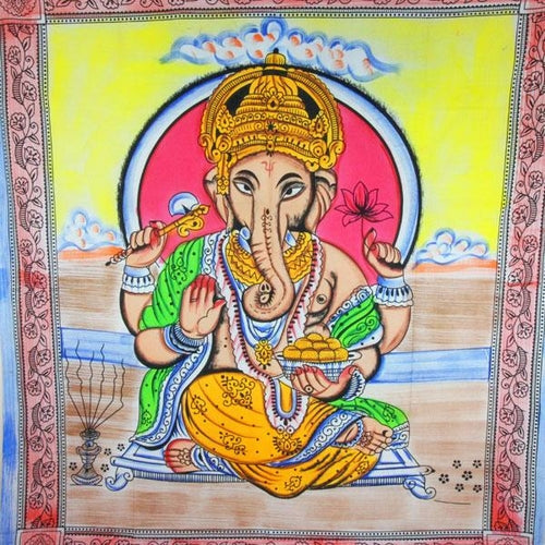 Ganesha Pastel Lotus Tapestry Double Size With Tassels 90 x 80 Red Cotton