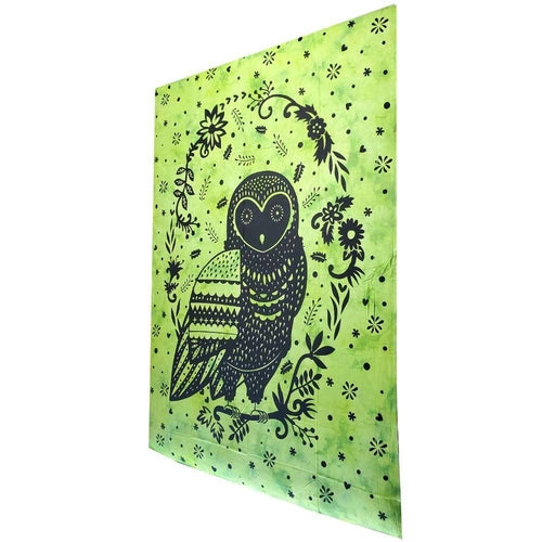 Psychedelic Owl Tapestry Wall Hanging Boho Dorm Decor Green Owl Cotton