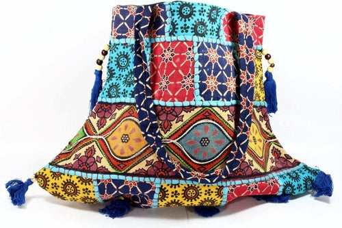 Handmade Cotton Patchwork Festival Jhola Tote Bag Tassel Yellow Blue Red Patchwork Cotton