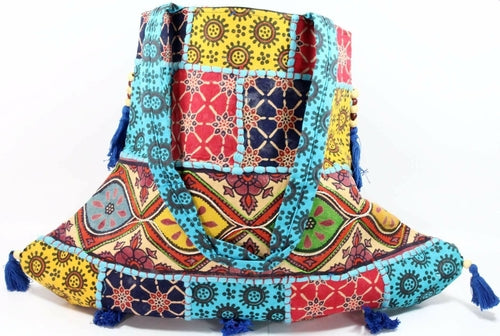 Handmade Cotton Patchwork Festival Jhola Tote Bag Tassel Green Yellow Red Patchwork Cotton