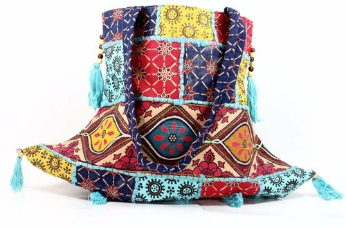 Handmade Cotton Patchwork Festival Jhola Tote Bag Tassel Red Blue Yellow Patchwork Cotton
