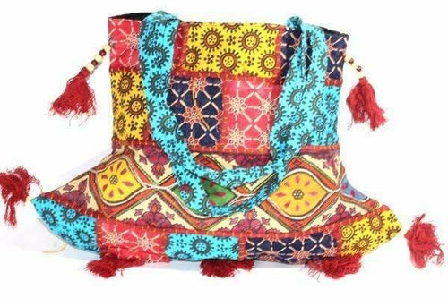 Handmade Cotton Patchwork Festival Jhola Tote Bag Tassel Blue Yellow Red Patchwork Cotton