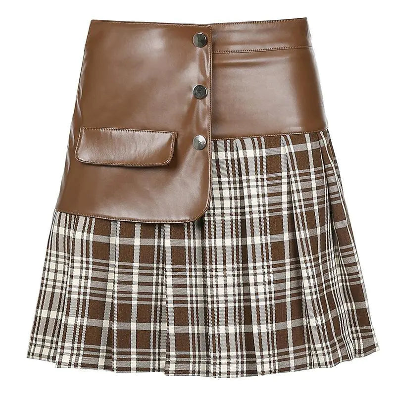 "Women's PU Leather Stitching All-Match Short Skirt" Brown M