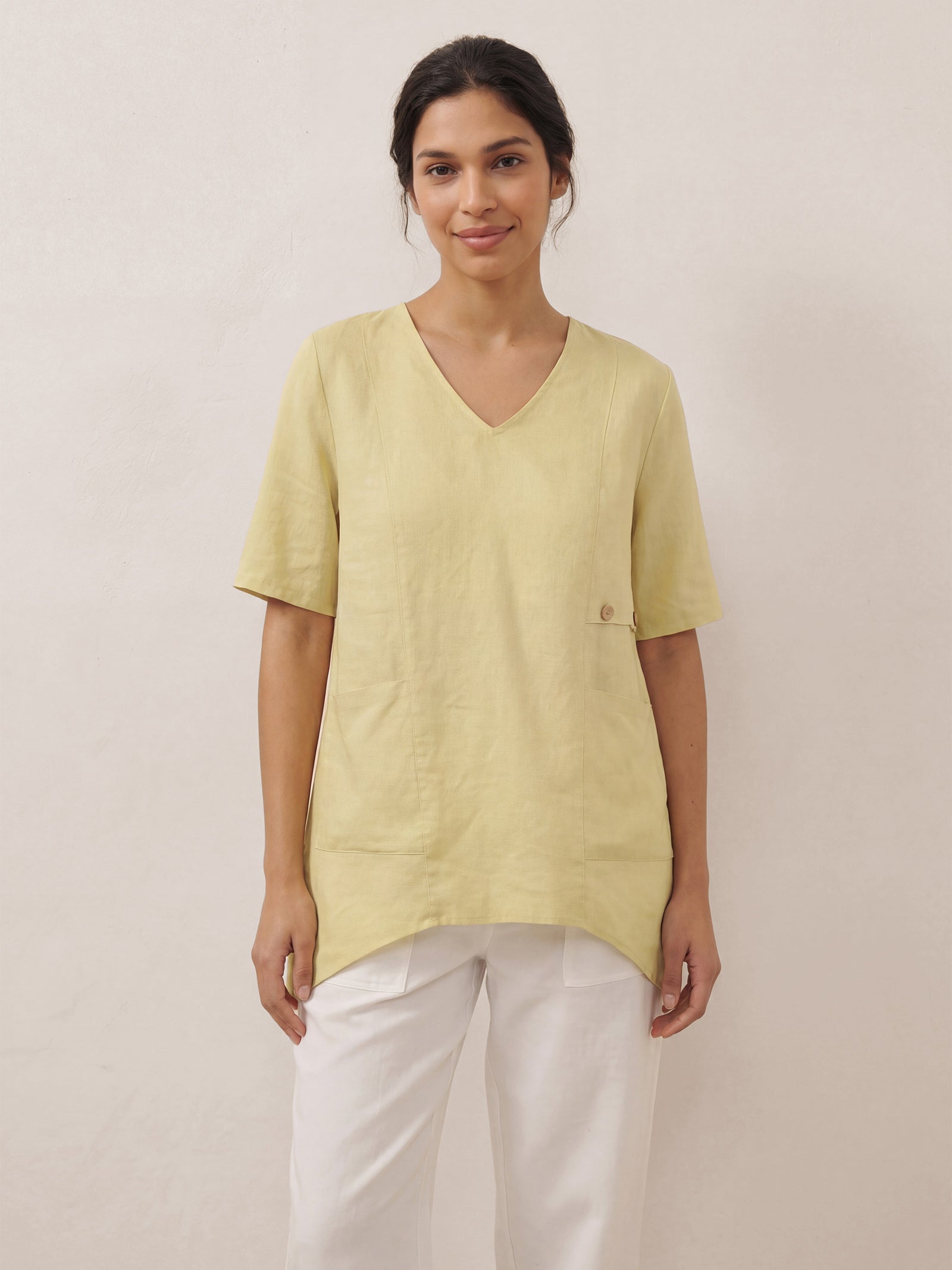 100% Linen Asymmetric Hem Long Top ISLA Lime Yellow