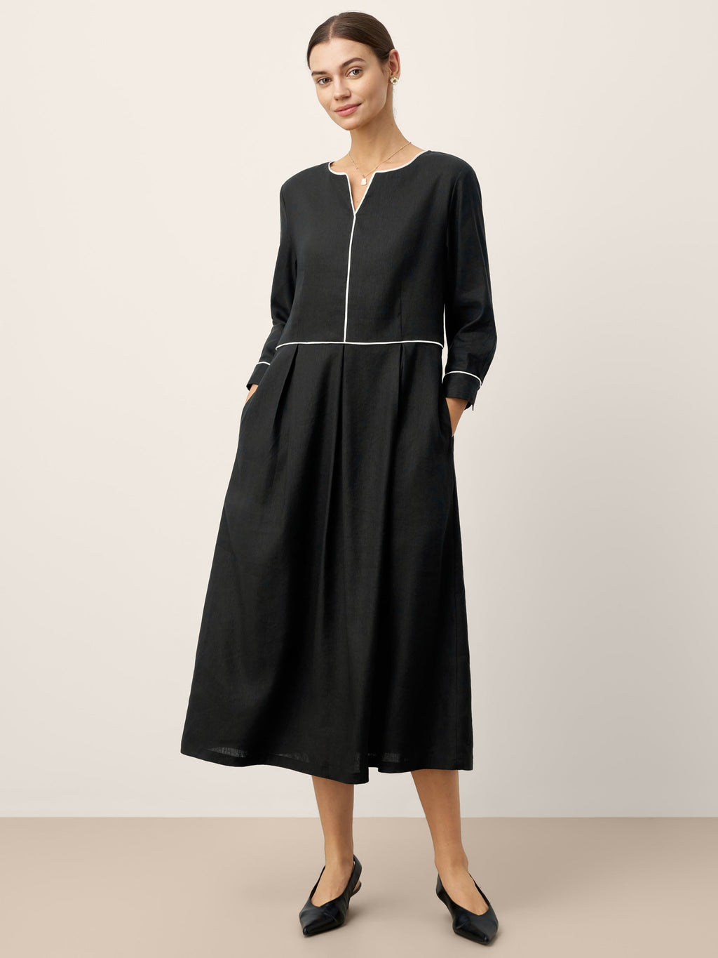 Linen-Lyocell Contrast Trim Gathered Maxi Dress NYX Charcoal Black