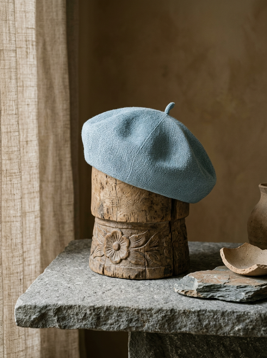 Linen Knit Beret Hat for Women Lightweight Breathable Summer Artist Cap Slate Blue