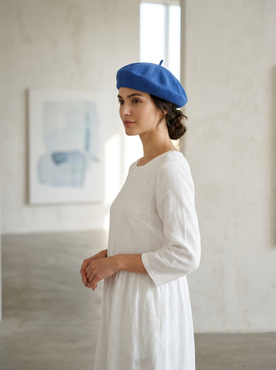 Linen Knit Beret Hat for Women Lightweight Breathable Summer Artist Cap Royal Blue
