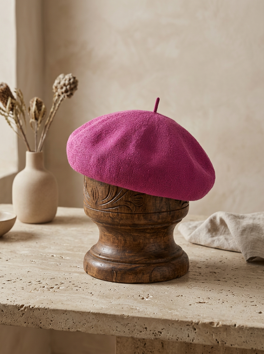 Linen Knit Beret Hat for Women Lightweight Breathable Summer Artist Cap Rose Red