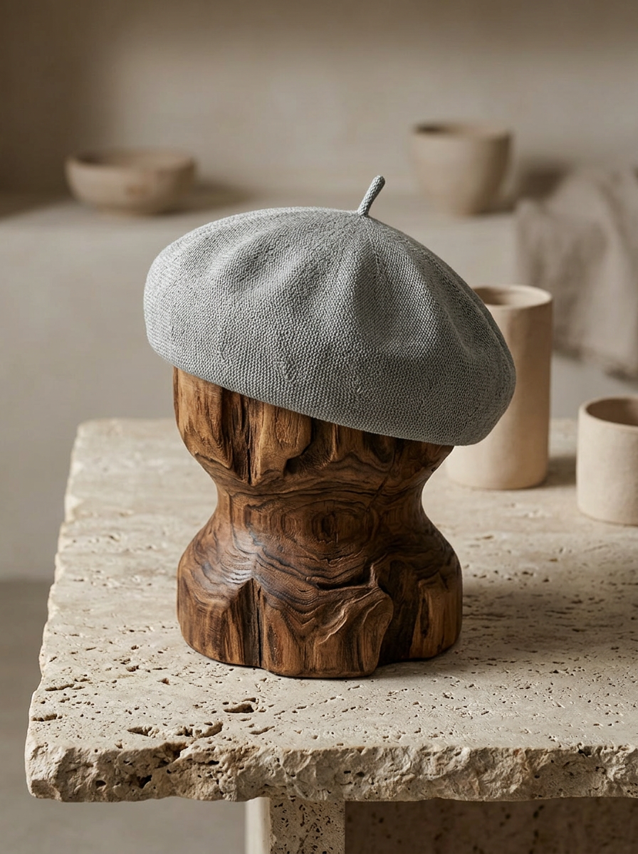 Linen Knit Beret Hat for Women Lightweight Breathable Summer Artist Cap Light Gray