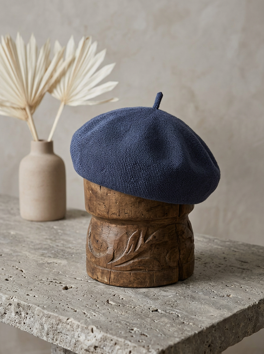 Linen Knit Beret Hat for Women Lightweight Breathable Summer Artist Cap Navy Blue