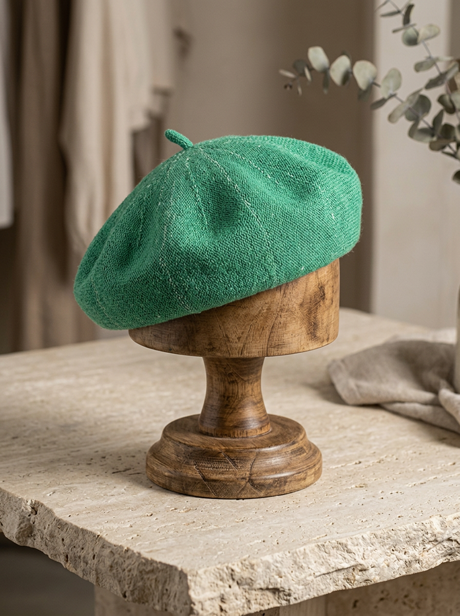 Linen Knit Beret Hat for Women Lightweight Breathable Summer Artist Cap Antique Green