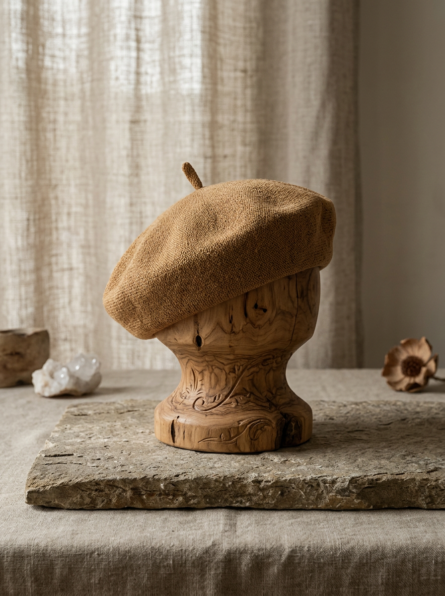 Linen Knit Beret Hat for Women Lightweight Breathable Summer Artist Cap Brown