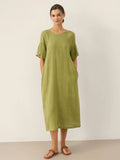 Linen Round Neck Flutter Sleeve Maxi Dress WINNIE Olive Moss
