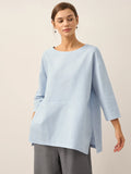 Linen White Boat Neck Oversized Top AVA Sky Blue