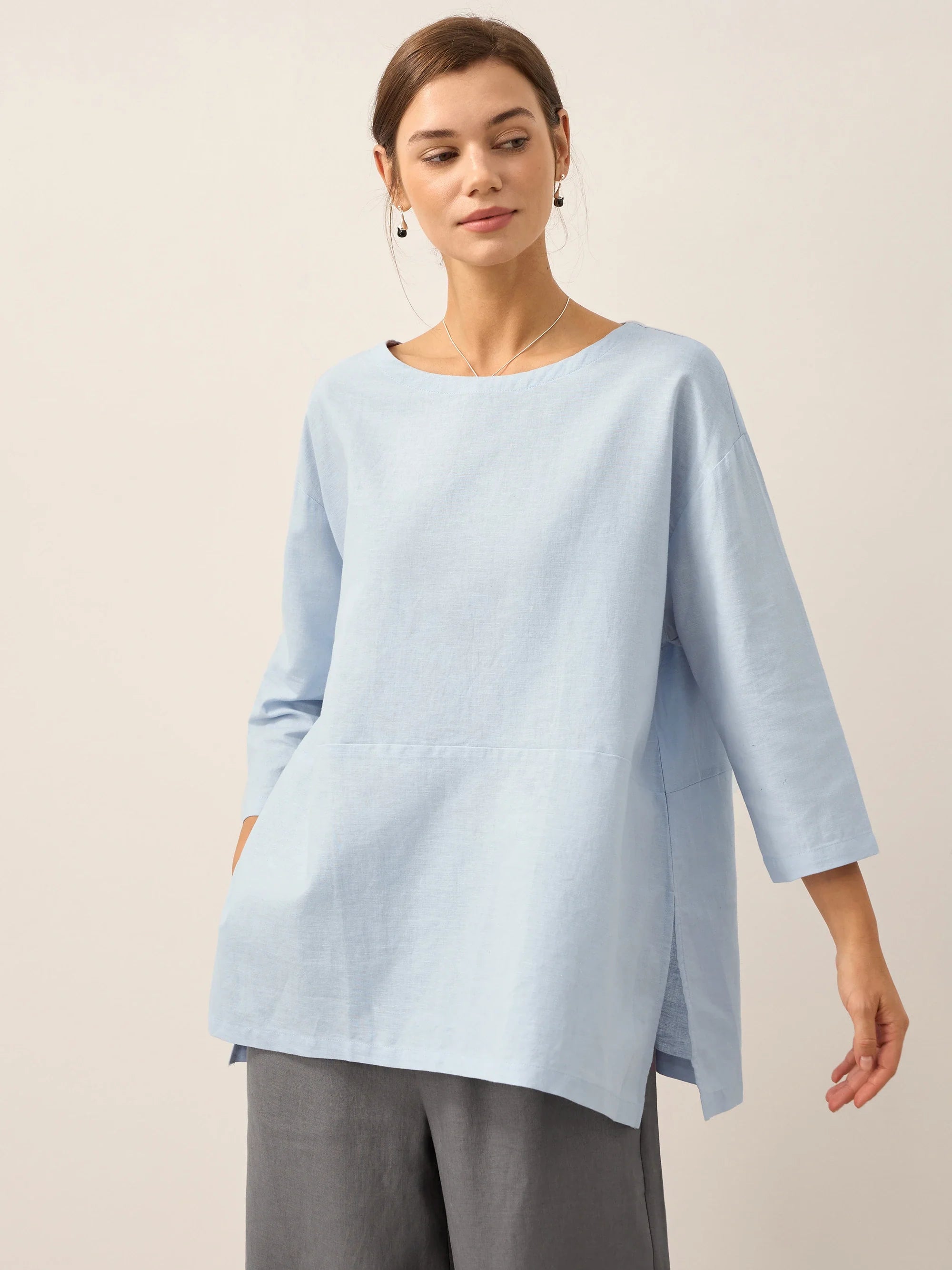 Linen White Boat Neck Oversized Top AVA Sky Blue