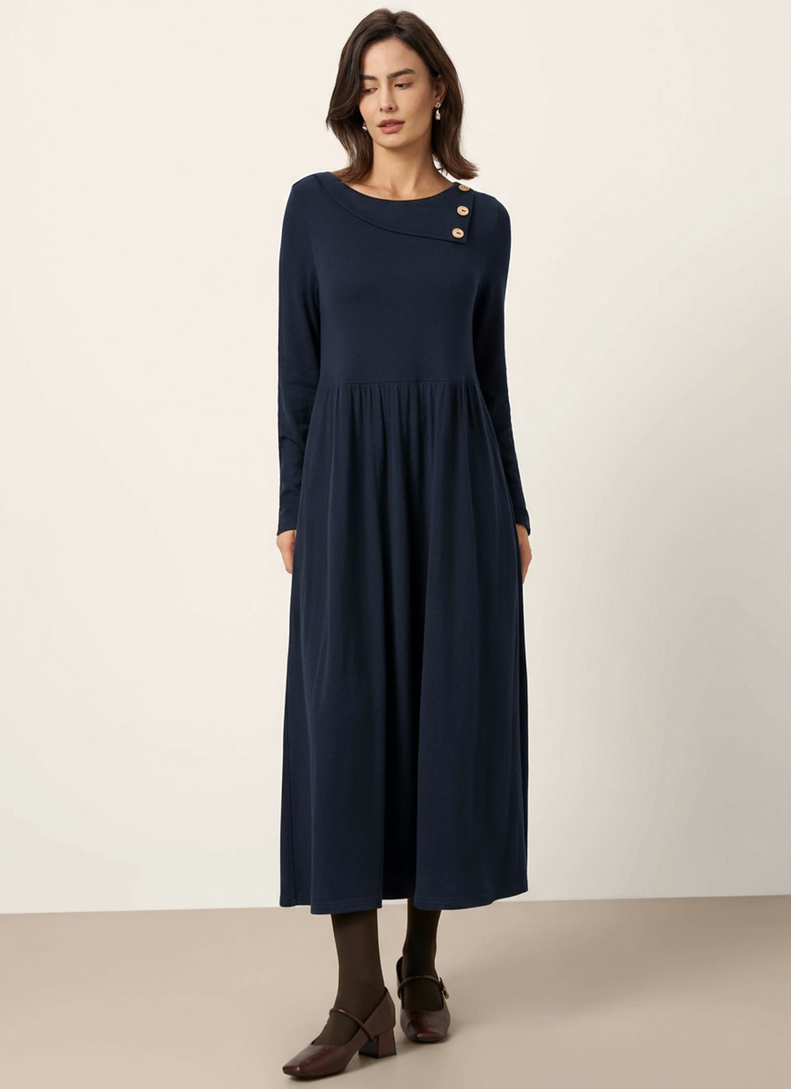 Wool Layered Neck Pleated Maxi Dress BILLIE Navy Blue
