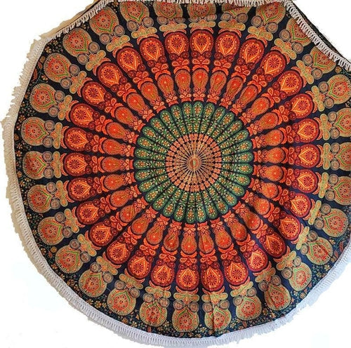 Round Mandala Cotton Tapestry 70in Lace Trim Throw Boho Green Orange Circle Cotton