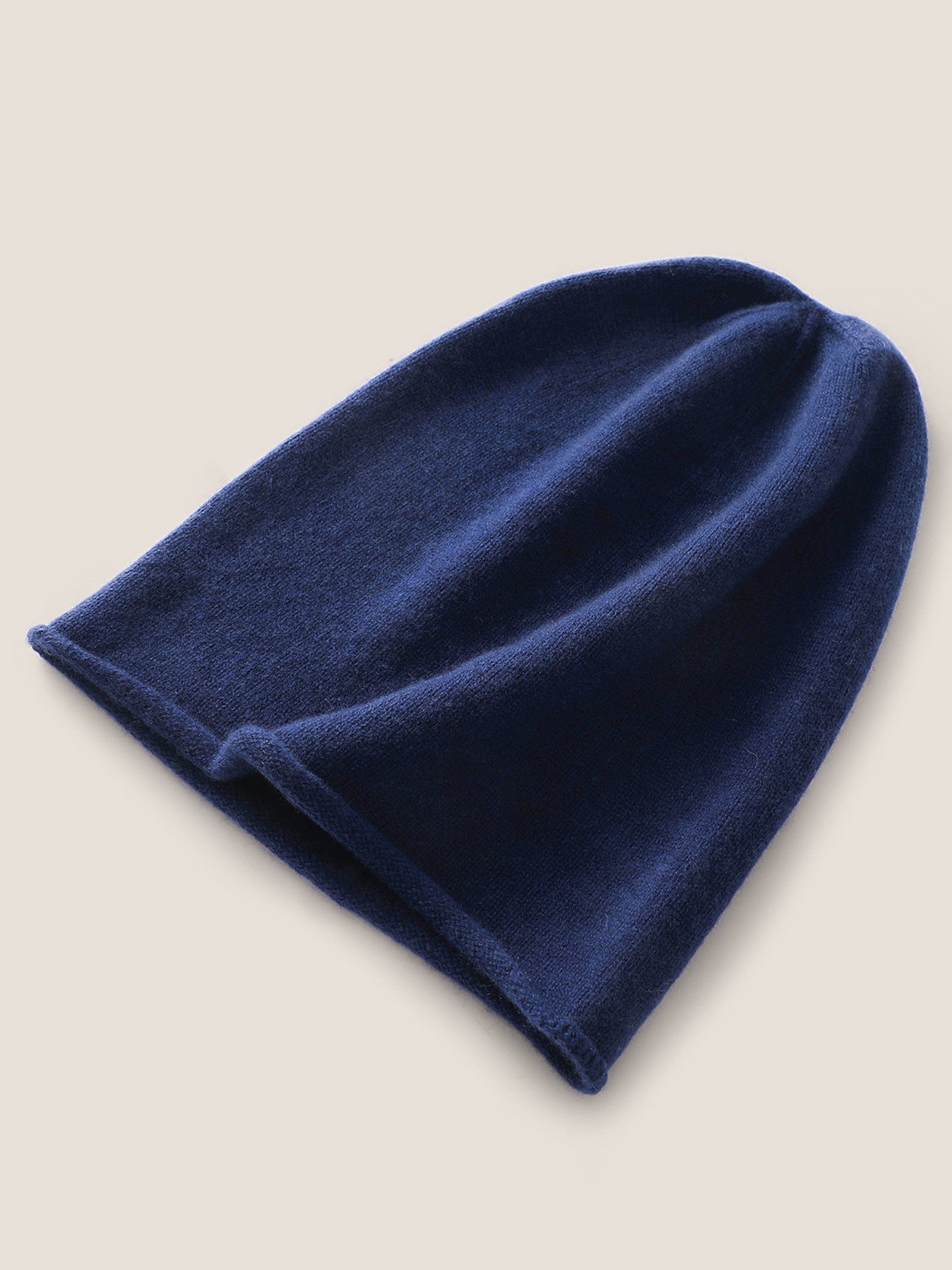 100% Cashmere Dense-Knit Slouchy Beanie Navy Blue One Size