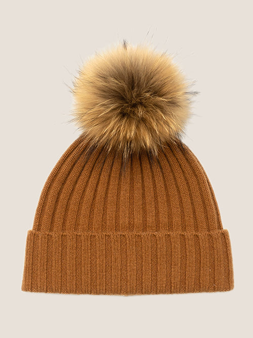 100% Cashmere Rib-Knit Slouchy Beanie With Pom-Pom Caramel One Size