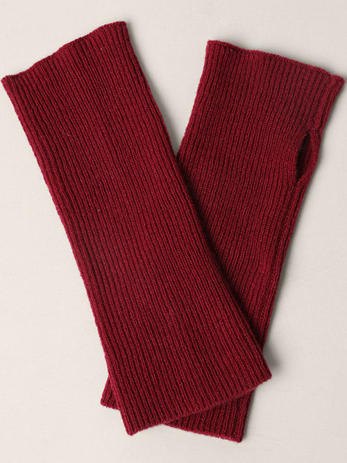 100% Cashmere Fingerless Knit Gloves Wine Red One Size