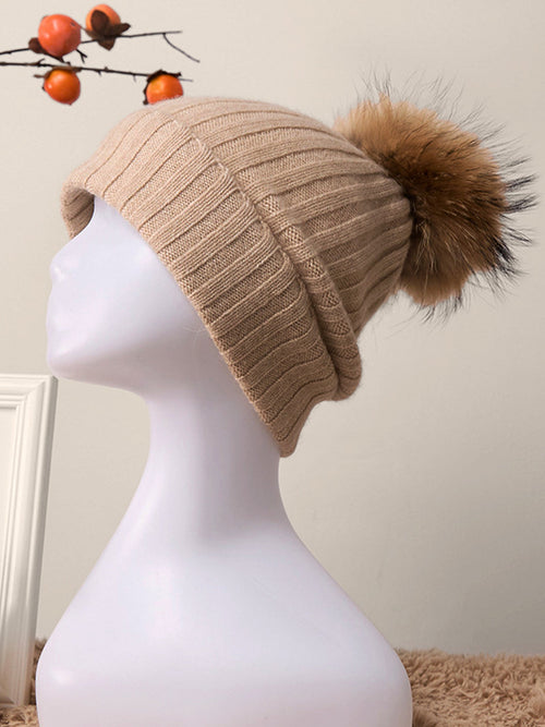 100% Cashmere Rib-Knit Slouchy Beanie With Pom-Pom Beige One Size