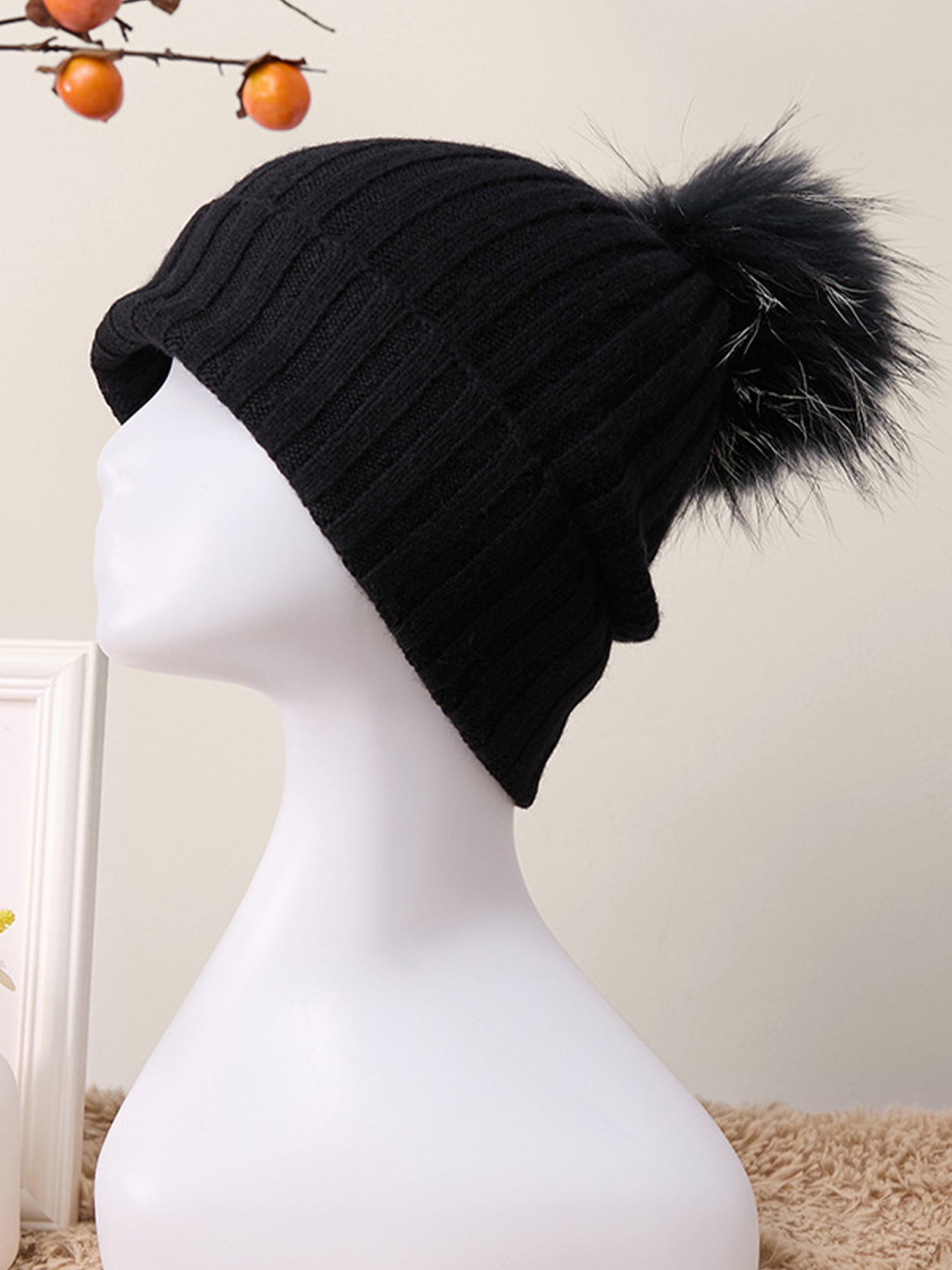 100% Cashmere Rib-Knit Slouchy Beanie With Pom-Pom Jet Black One Size