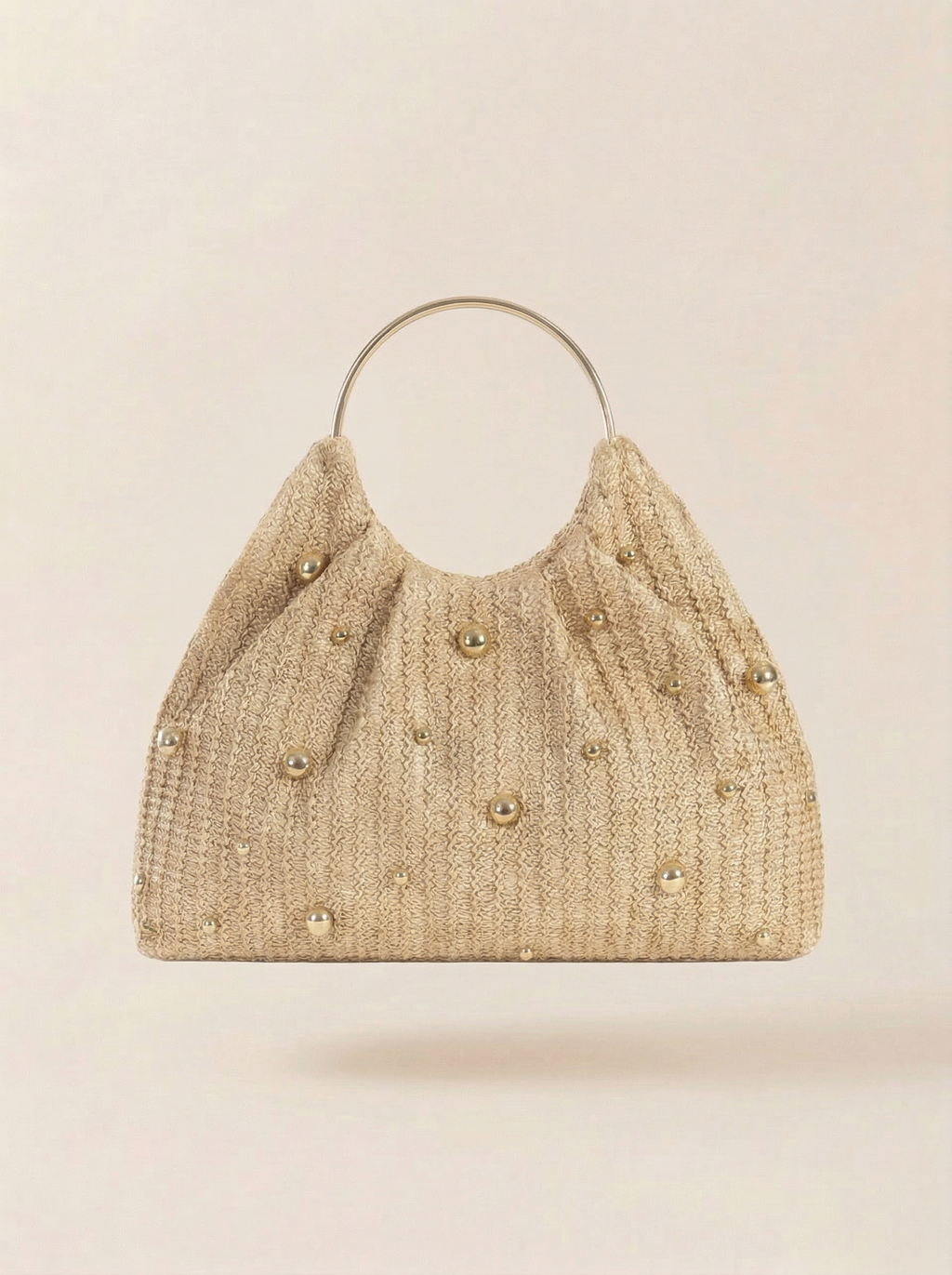 Artisanal Studded Handwoven Raffia Bag with Sculptural Gold Ring Handle Apricot One Size