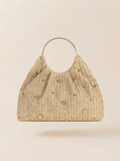 Artisanal Studded Handwoven Raffia Bag with Sculptural Gold Ring Handle Apricot One Size