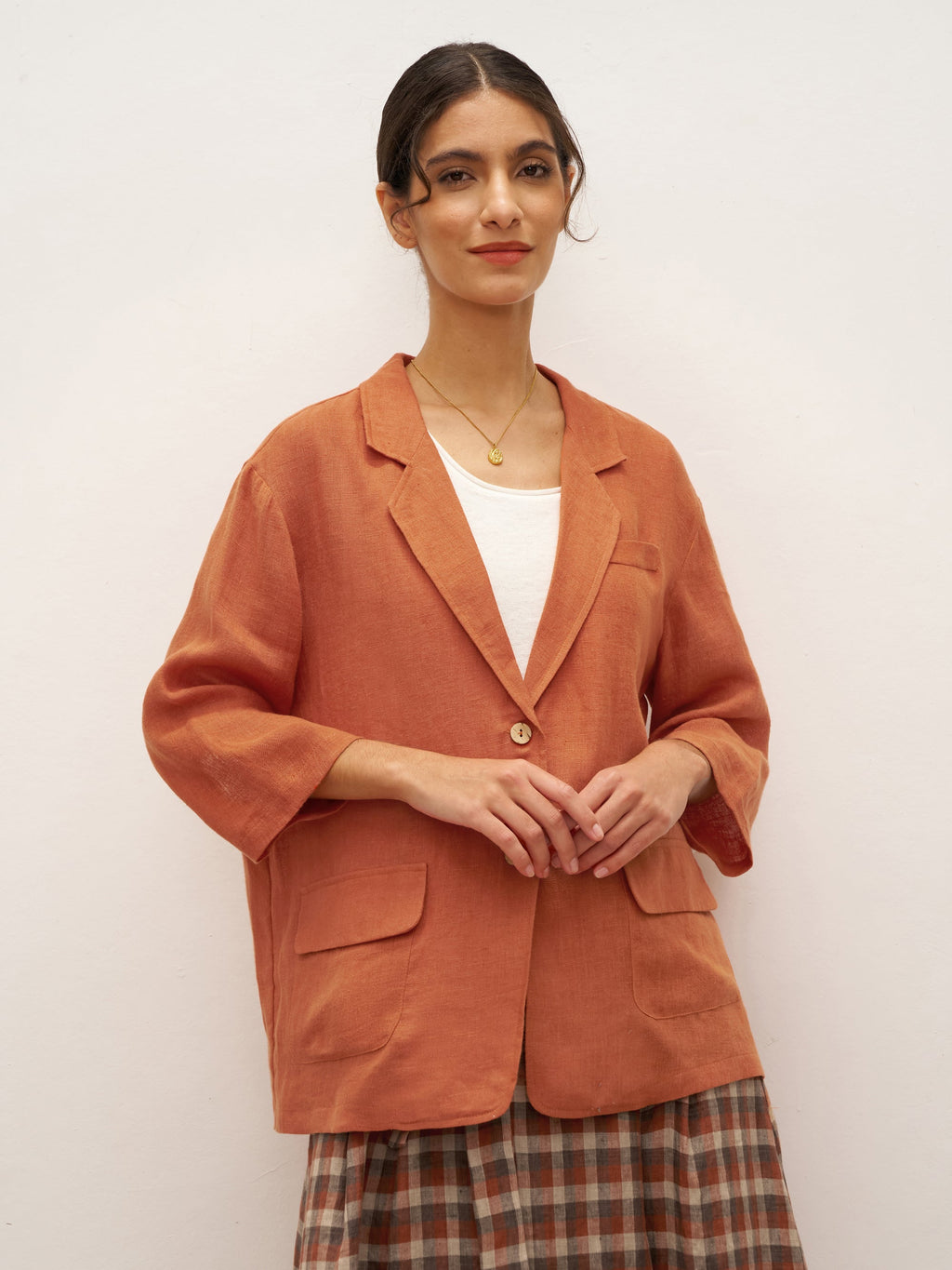 100% Linen 3/4 Sleeve Drop Shoulder Blazer DARA Burnt Orange
