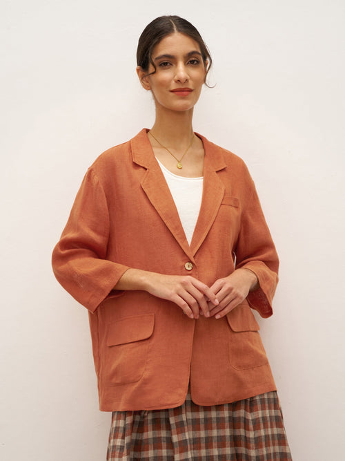 100% Linen 3/4 Sleeve Drop Shoulder Blazer DARA Burnt Orange