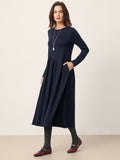 Wool Asymmetric Curved-Cut Maxi Dress CALLIE Navy Blue
