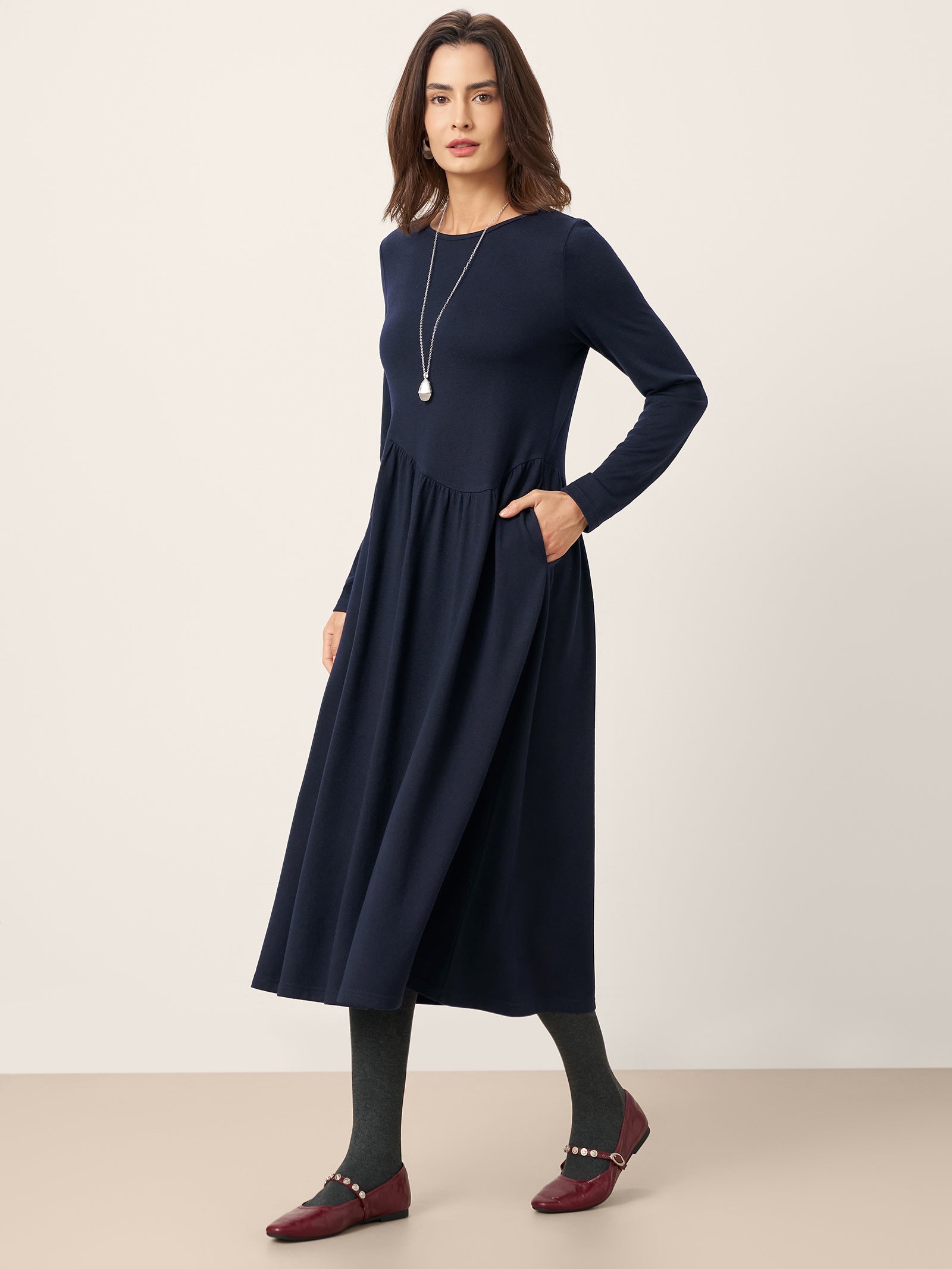 Wool Asymmetric Curved-Cut Maxi Dress CALLIE Navy Blue