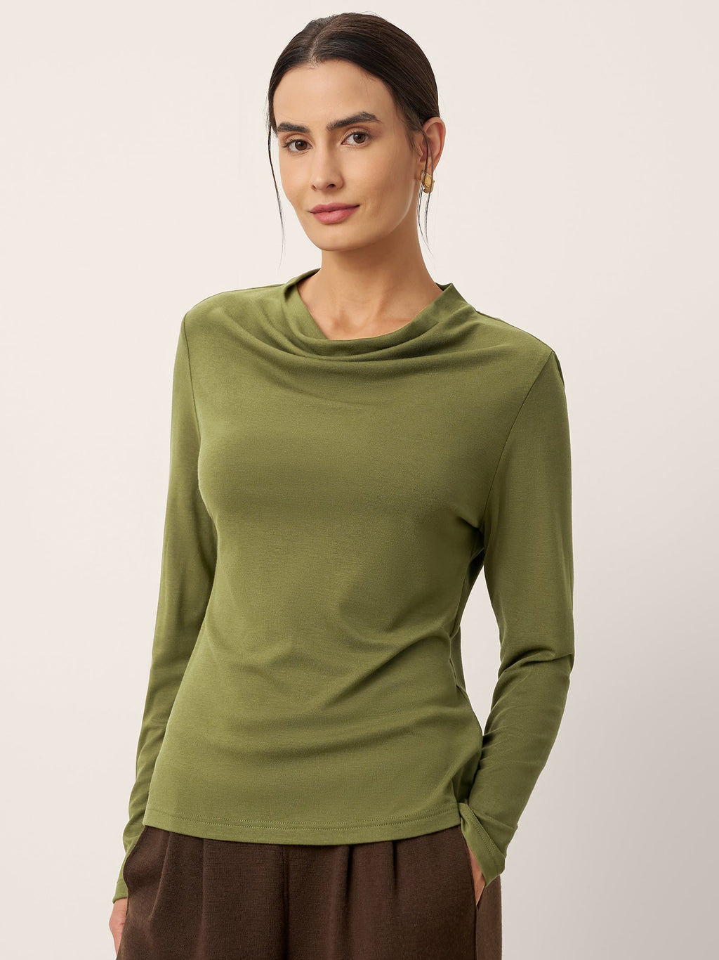 Wool Cowl Drape Stretch Long Sleeve Top INEKE Olive