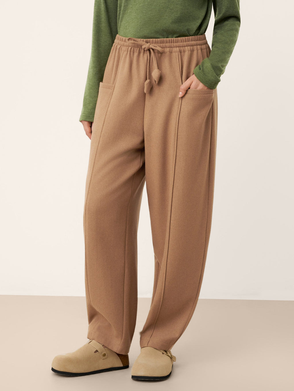 Wool Drawstring Patch Pocket Pants PRISCILLA Caramel Brown