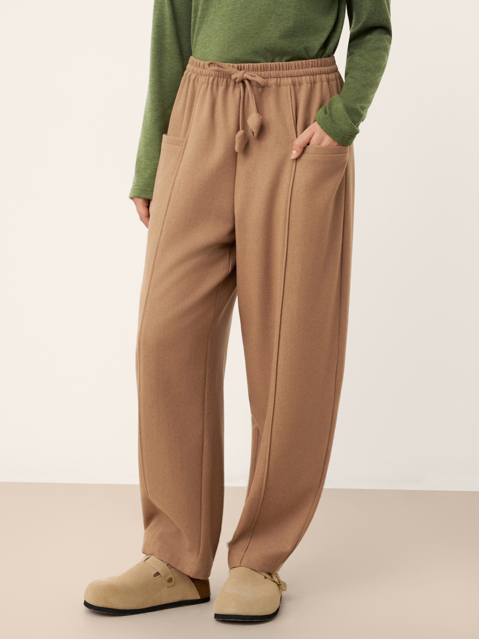 Wool Drawstring Patch Pocket Pants PRISCILLA Caramel Brown