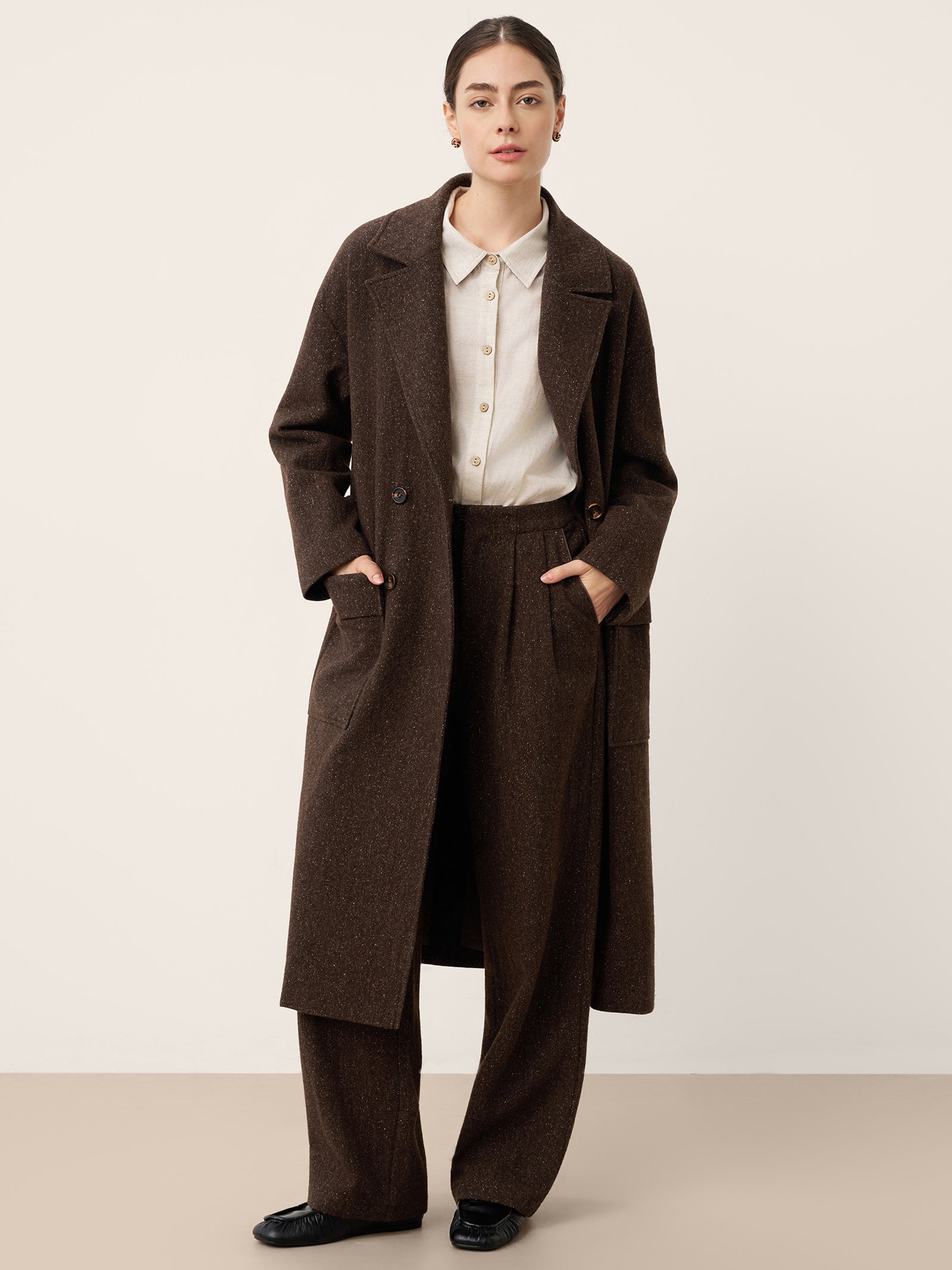 Wool Silk Double-Breasted Lapel Coat SAPPHIRE Espresso Brown