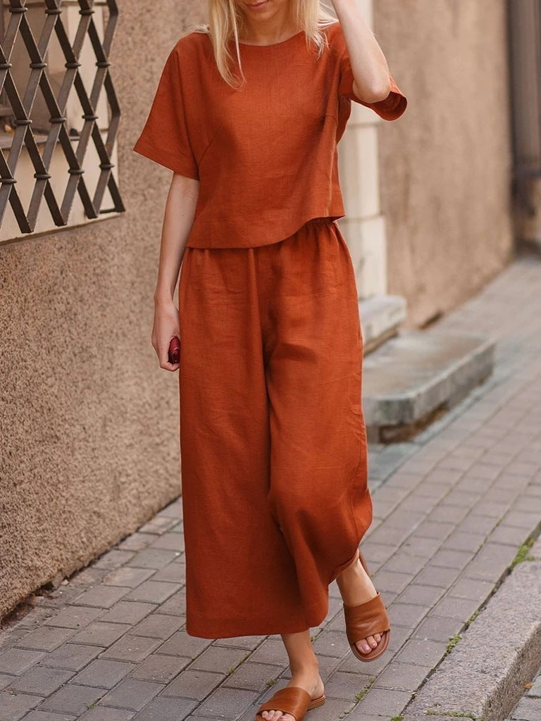 European And American Women's Linen Casual Loose Solid Color Suit Two-piece Women Orange