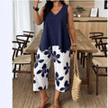 Women's Casual Elegant Printed Cropped Pants Set Navy Blue