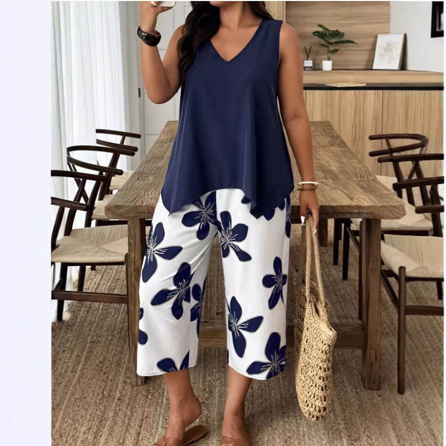Women's Casual Elegant Printed Cropped Pants Set Navy Blue