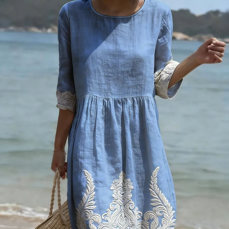 Women's Plant And Flower Print Round Neck Linen Blend Mid-Length Dress Blue