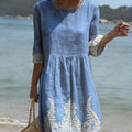 Women's Plant And Flower Print Round Neck Linen Blend Mid-Length Dress Blue