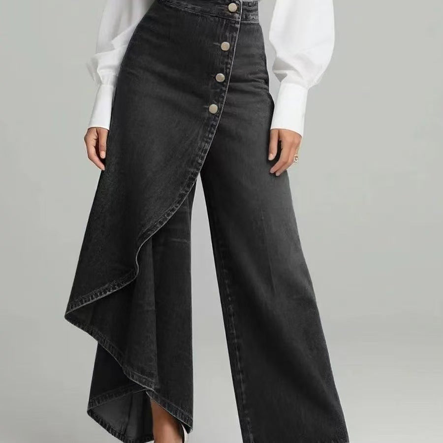 Denim Skort With Button Closure And Washed Finish For Women Black