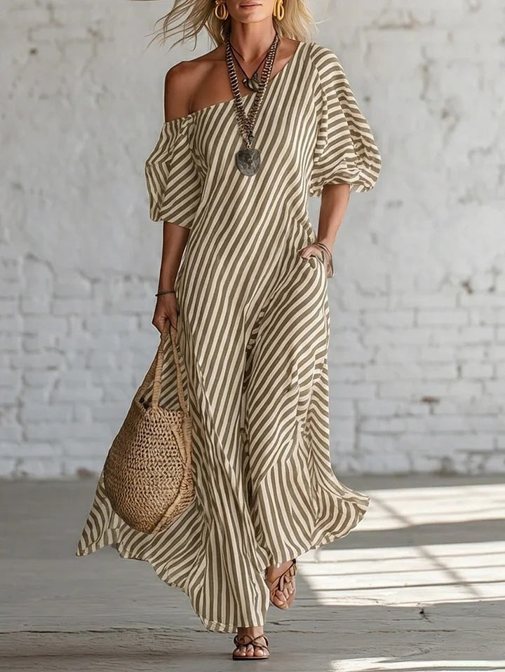 Womens Striped Off-shoulder Dress Khaki