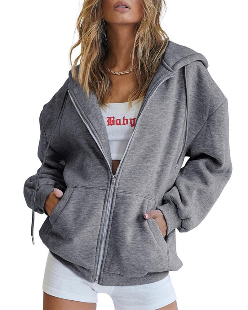 Women's Fashion Casual Solid Color Drawstring Zipper Hooded Sweatshirt Dark Gray