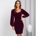 European And American Women's Clothing Square Collar Dress Wine Red