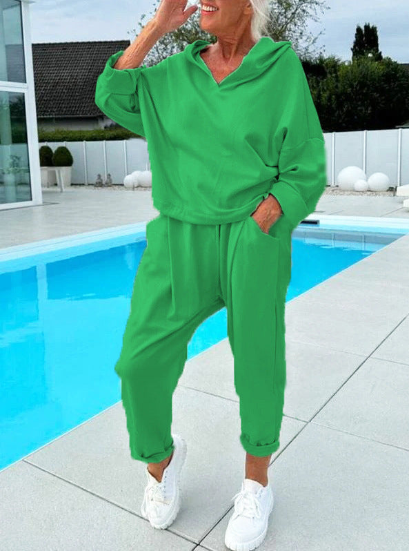 Women's Solid Color Hooded Sweatshirt Two-piece Set Green