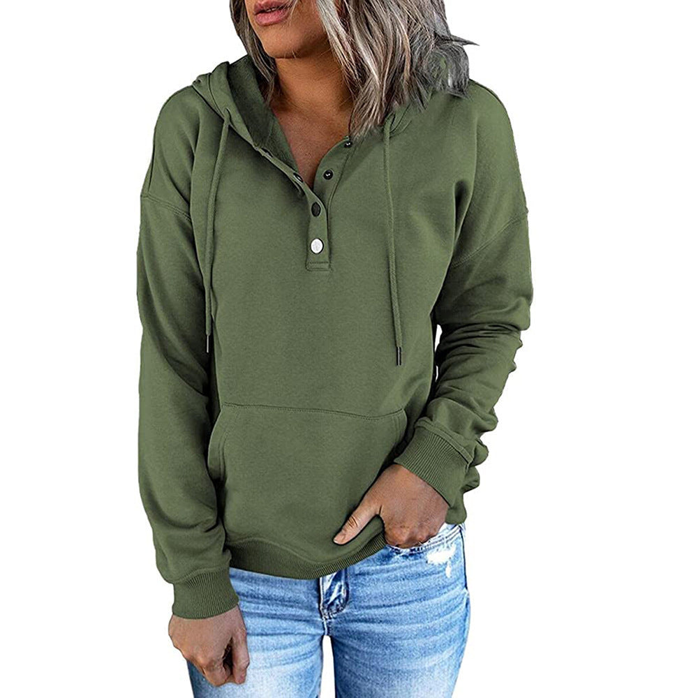 Long-sleeved Hooded Sweatshirt With Pockets Fashion Casual Button Drawstring Design Hoodie Top Spring And Autumn Sports Clothing For Women Army Green