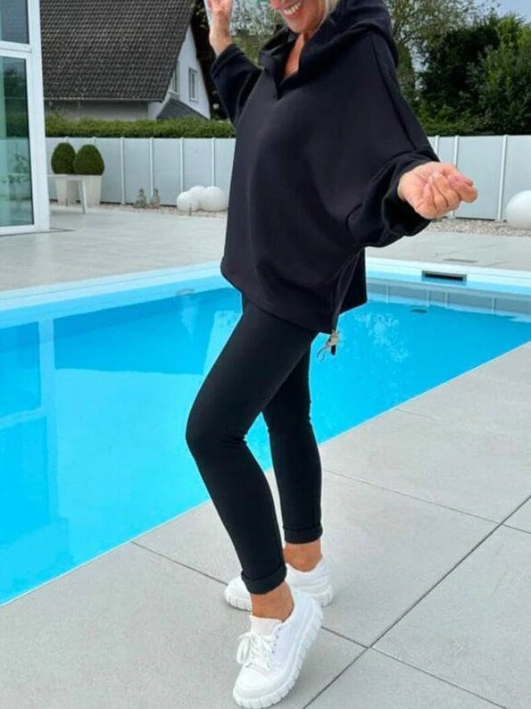 Women's Solid Color Hooded Sweatshirt Two-piece Set Black