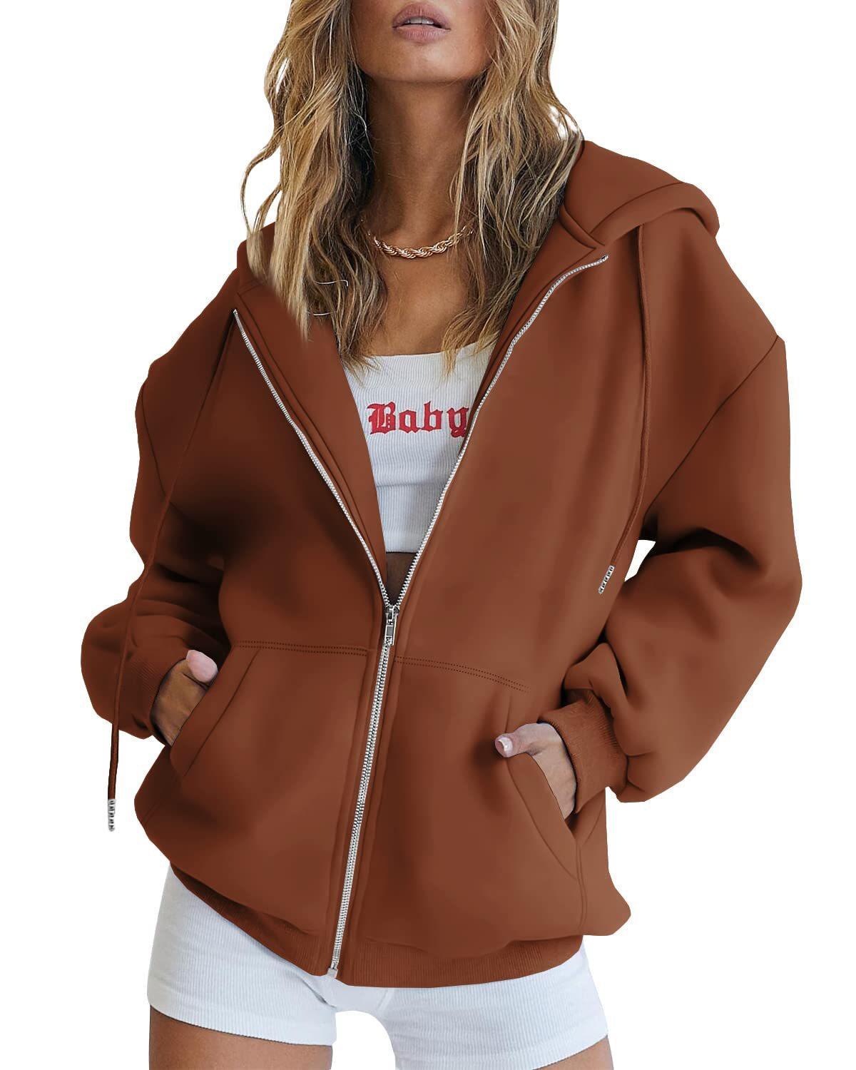 Women's Fashion Casual Solid Color Drawstring Zipper Hooded Sweatshirt Coffee